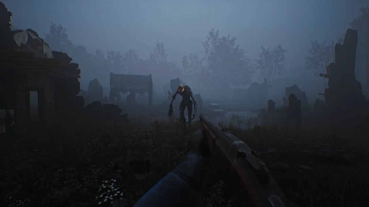 An armed survivor faces a creature emerging from blue fog between ruined buildings