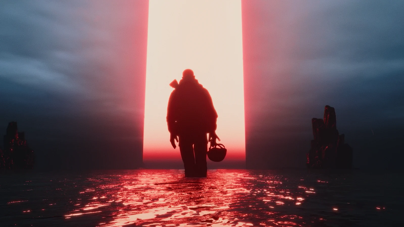 Key art showing a survivor entering a red portal, without the game title