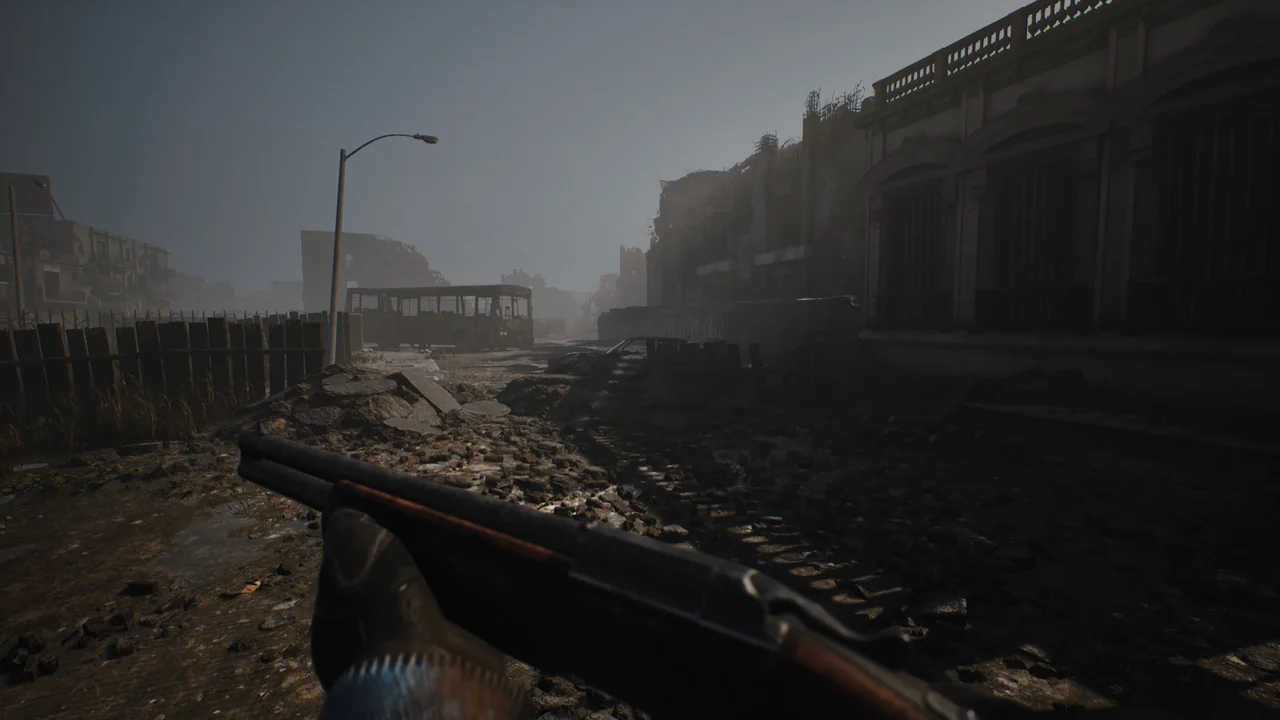 First-person view of a shotgun pointed down a deserted and ruined city street