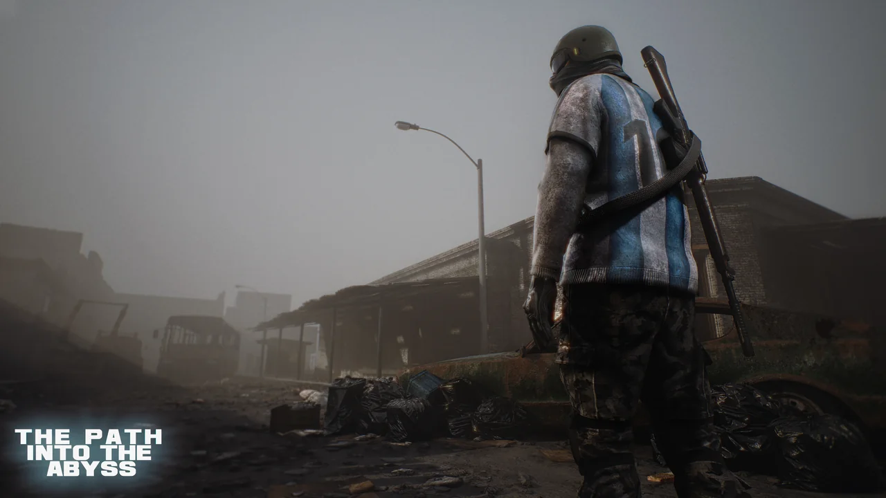 A survivor in an Argentina football shirt looks toward a ruined station, with the game logo in the corner